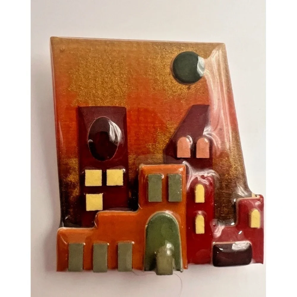 Lucinda House Pin Brooch Town Scene Resin Pueblo Casas Vintage Cityscape Artisan